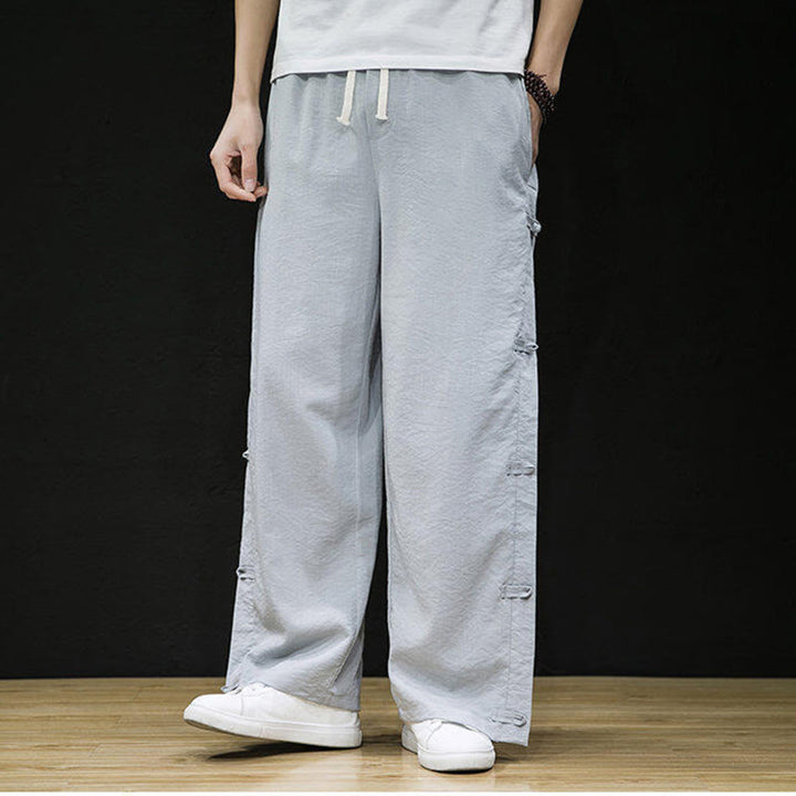 Buddha Stones Casual Patchwork Crane Pattern Frog-Button Design Men's Wide Leg Pants With Pockets - image 17
