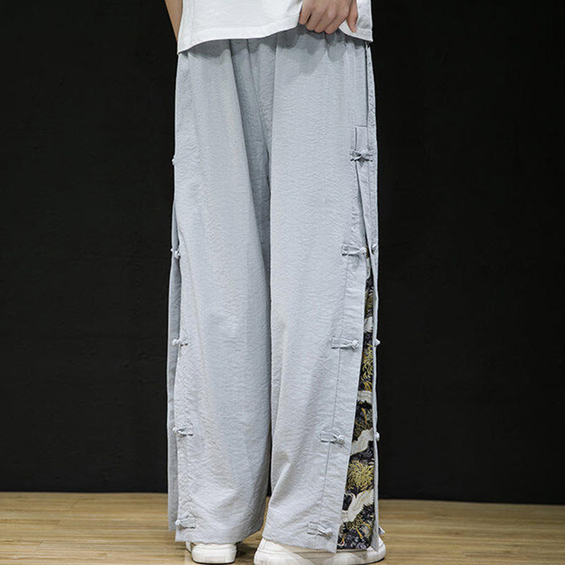 Buddha Stones Casual Patchwork Crane Pattern Frog-Button Design Men's Wide Leg Pants With Pockets - image 16