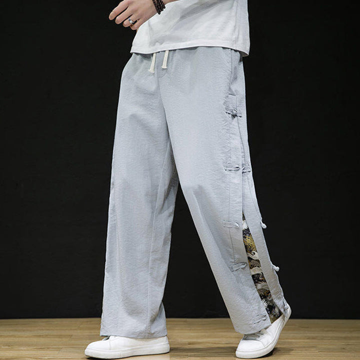 Buddha Stones Casual Patchwork Crane Pattern Frog-Button Design Men's Wide Leg Pants With Pockets - image 15