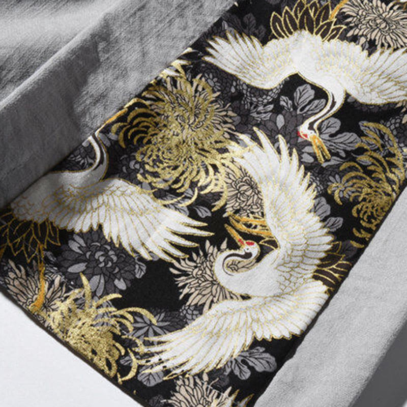 Buddha Stones Casual Patchwork Crane Pattern Frog-Button Design Men's Wide Leg Pants With Pockets - image 27