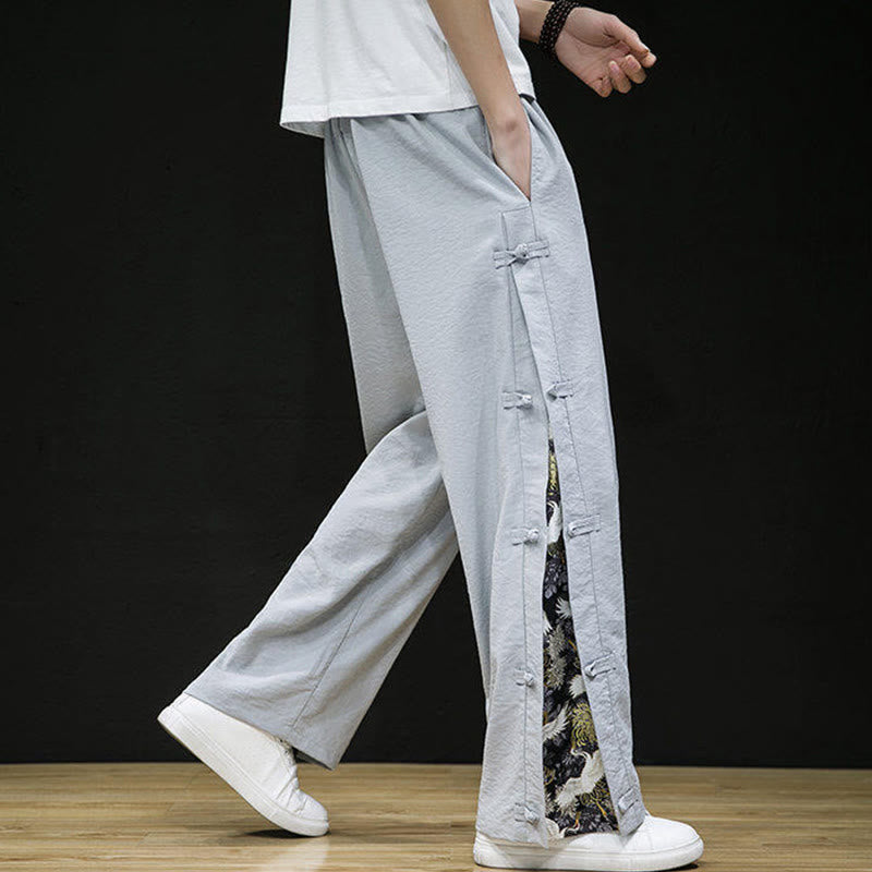 Buddha Stones Casual Patchwork Crane Pattern Frog-Button Design Men's Wide Leg Pants With Pockets - image 19