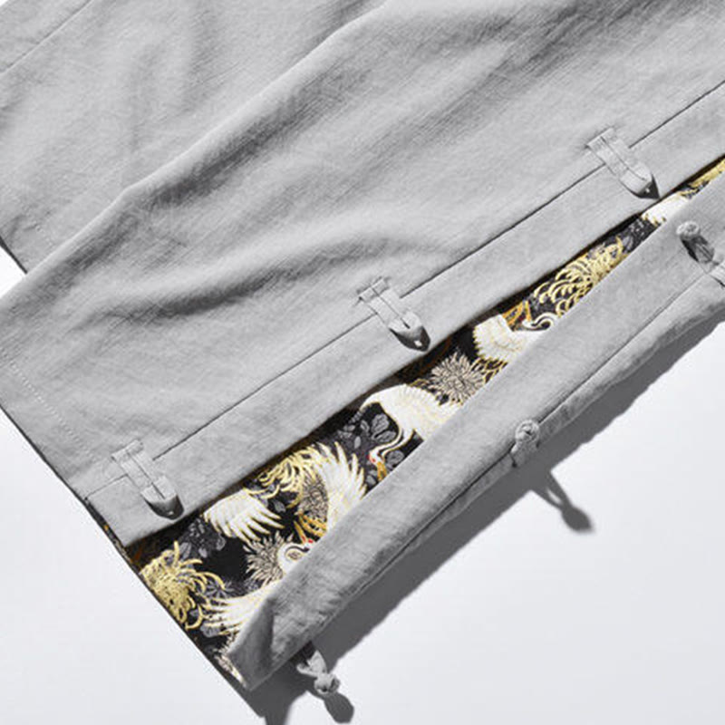 Buddha Stones Casual Patchwork Crane Pattern Frog-Button Design Men's Wide Leg Pants With Pockets - image 28