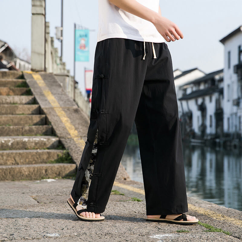 Buddha Stones Casual Patchwork Crane Pattern Frog-Button Design Men's Wide Leg Pants With Pockets - image 1