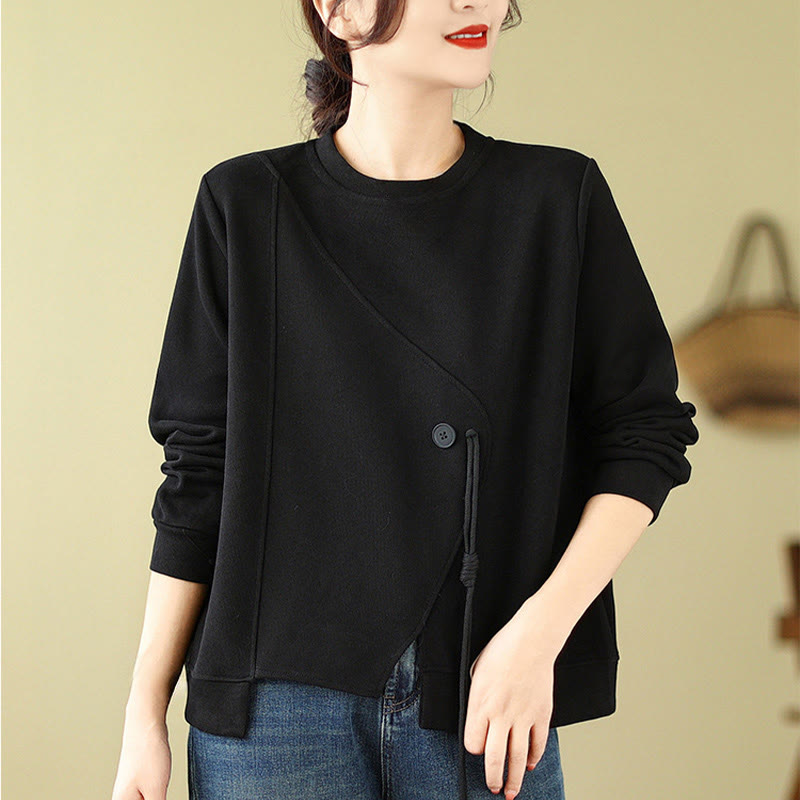 Buddha Stones Fall Plain Button Crew Neck Cotton Pullover Women's Sweatshirt  - Black - US12，UK/AU16，EU44 (2XL) - image 1