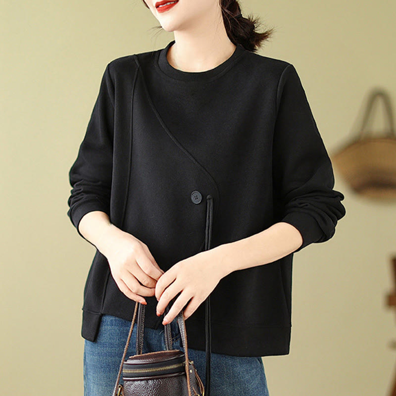 Buddha Stones Fall Plain Button Crew Neck Cotton Pullover Women's Sweatshirt  - image 3
