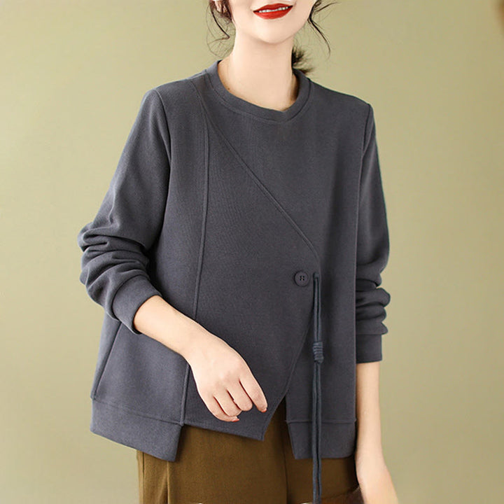 Buddha Stones Fall Plain Button Crew Neck Cotton Pullover Women's Sweatshirt  - image 7