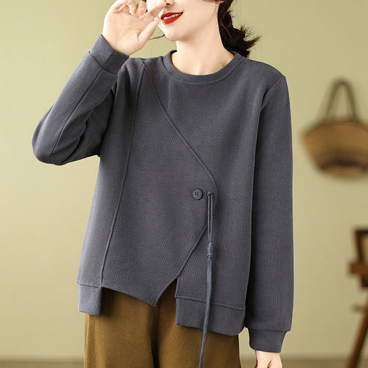 Buddha Stones Fall Plain Button Crew Neck Cotton Pullover Women's Sweatshirt  - DimGray - US12，UK/AU16，EU44 (2XL) - image 7
