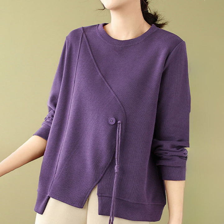 Buddha Stones Fall Plain Button Crew Neck Cotton Pullover Women's Sweatshirt  - Purple - US12，UK/AU16，EU44 (2XL) - image 12
