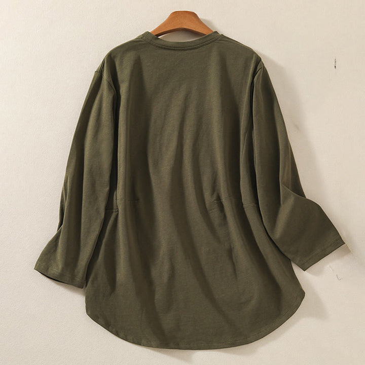 Buddha Stones Casual Pure Irregular Hem Cotton Linen Women's Long Sleeve T-shirt - image 1