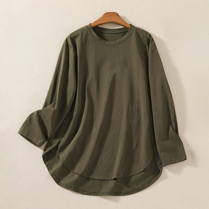 Buddha Stones Casual Pure Irregular Hem Cotton Linen Women's Long Sleeve T-shirt - DarkOliveGreen - US14，UK/AU18，EU46 (2XL) - image 1