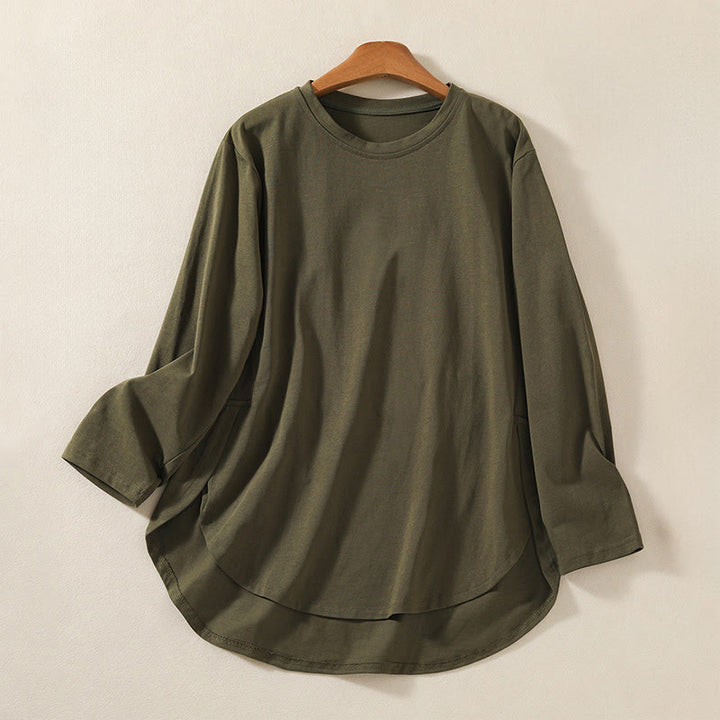 Buddha Stones Casual Pure Irregular Hem Cotton Linen Women's Long Sleeve T-shirt - DarkOliveGreen - US14，UK/AU18，EU46 (2XL) - image 1