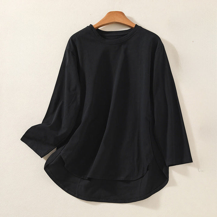 Buddha Stones Casual Pure Irregular Hem Cotton Linen Women's Long Sleeve T-shirt - Black - US14，UK/AU18，EU46 (2XL) - image 8