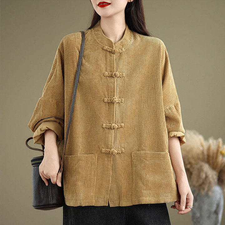 Buddha Stones Frog-button Stand Collar Women's Corduroy Jacket - image 1