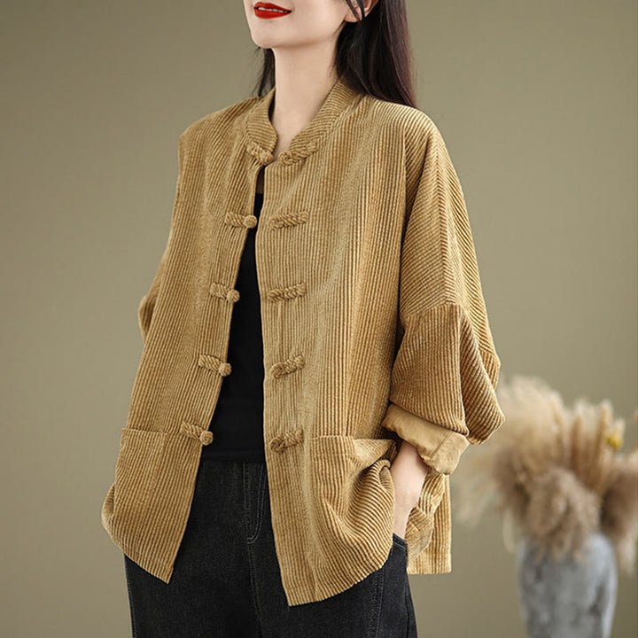 Buddha Stones Frog-button Stand Collar Women's Corduroy Jacket - Goldenrod - US14，UK/AU18，EU46 (2XL) - image 0