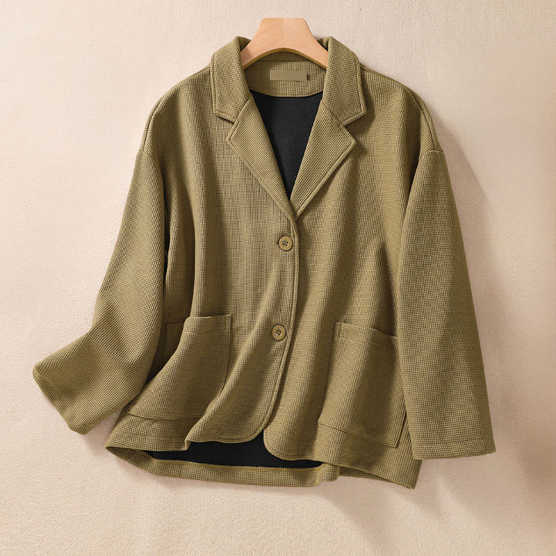 Buddha Stones Plain Lapel Women's Cotton Jacket With Pockets - Olive - US12，UK/AU16，EU44 (XL) - image 1