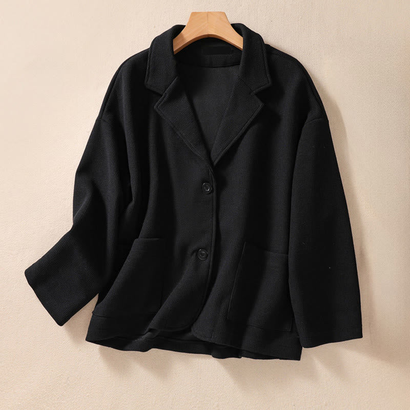 Buddha Stones Plain Lapel Women's Cotton Jacket With Pockets - Black - US12，UK/AU16，EU44 (XL) - image 22