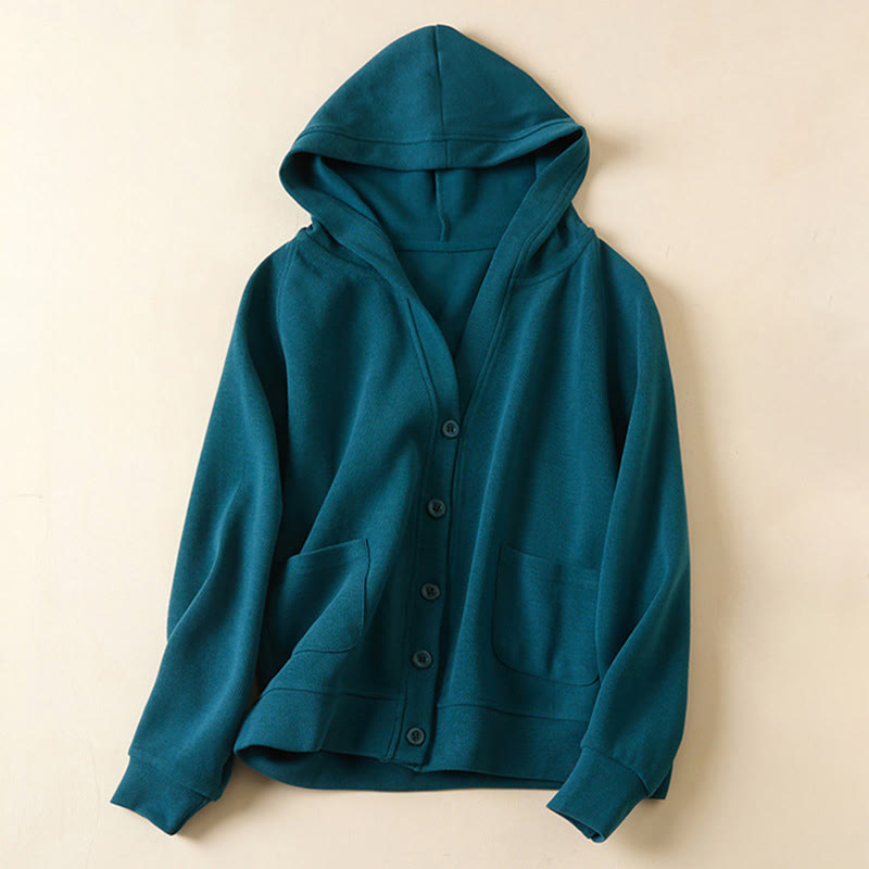 Buddha Stones Plain Buttons Women's Cotton Hooded Jacket With Pockets - SteelBlue - US12，UK/AU16，EU44 (2XL) - image 16