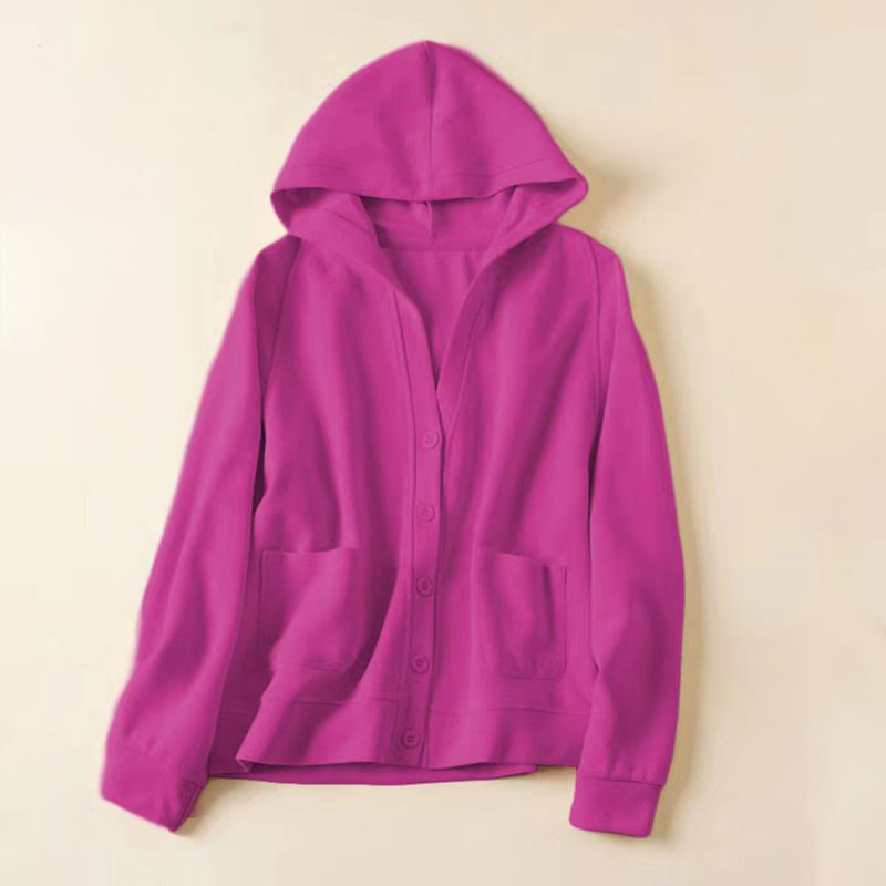 Buddha Stones Plain Buttons Women's Cotton Hooded Jacket With Pockets - MediumVioletRed - US12，UK/AU16，EU44 (2XL) - image 22