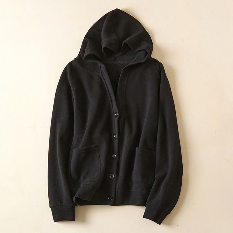 Buddha Stones Plain Buttons Women's Cotton Hooded Jacket With Pockets - Black - US12，UK/AU16，EU44 (2XL) - image 25