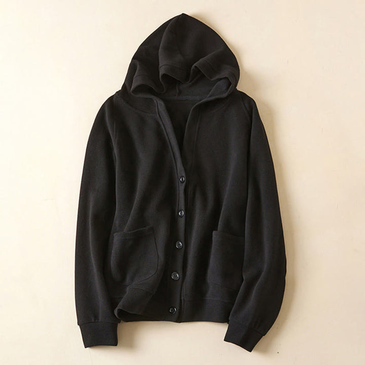 Buddha Stones Plain Buttons Women's Cotton Hooded Jacket With Pockets - Black - US12，UK/AU16，EU44 (2XL) - image 25