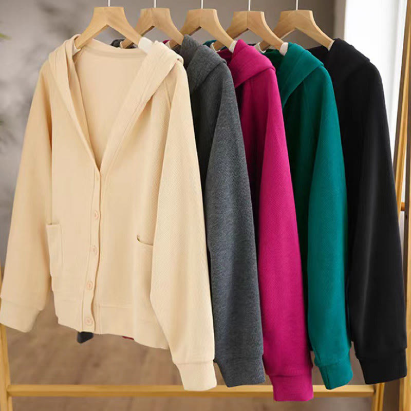 Buddha Stones Plain Buttons Women's Cotton Hooded Jacket With Pockets - image 33