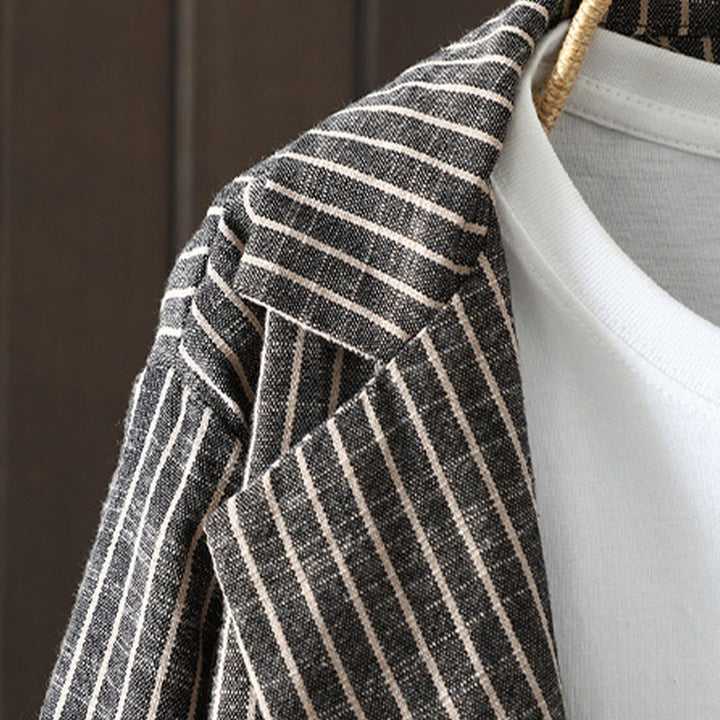 Buddha Stones Splicing Stripes Women's Cotton Linen Jacket With Pockets - image 1