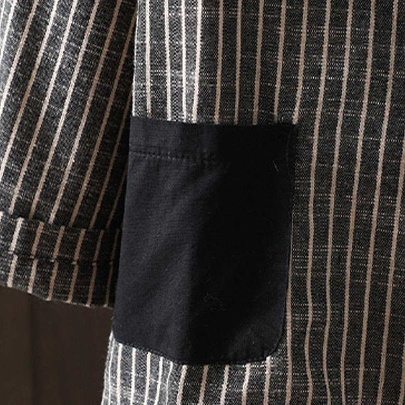 Buddha Stones Splicing Stripes Women's Cotton Linen Jacket With Pockets - image 3