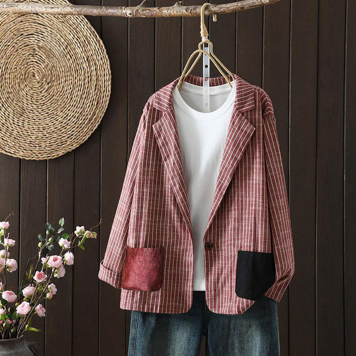 Buddha Stones Splicing Stripes Women's Cotton Linen Jacket With Pockets - IndianRed - US14，UK/AU18，EU46 (2XL) - image 6