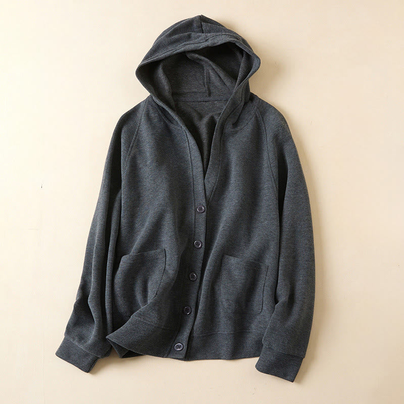 Buddha Stones Plain Buttons Women's Cotton Hooded Jacket With Pockets - DimGray - US12，UK/AU16，EU44 (2XL) - image 1