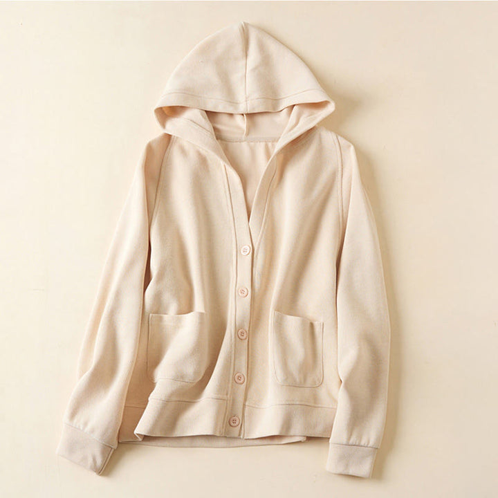 Buddha Stones Plain Buttons Women's Cotton Hooded Jacket With Pockets - PapayaWhip - US12，UK/AU16，EU44 (2XL) - image 8