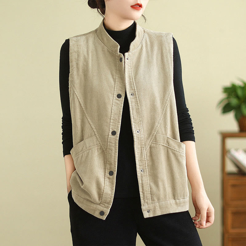 Buddha Stones Plain Sleeveless Women's Cotton Vest Corduroy Waistcoat With Pockets - Beige - US12，UK/AU16，EU44 (2XL) - image 1
