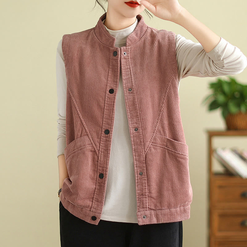 Buddha Stones Plain Sleeveless Women's Cotton Vest Corduroy Waistcoat With Pockets - image 14