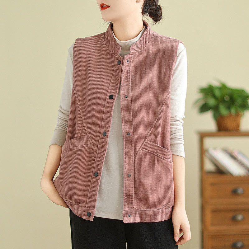 Buddha Stones Plain Sleeveless Women's Cotton Vest Corduroy Waistcoat With Pockets - PaleVioletRed - US12，UK/AU16，EU44 (2XL) - image 8