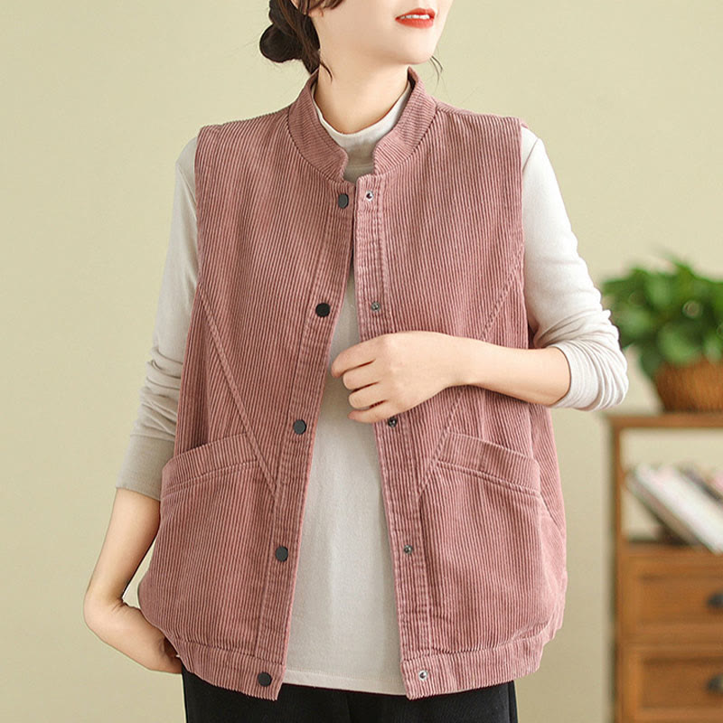 Buddha Stones Plain Sleeveless Women's Cotton Vest Corduroy Waistcoat With Pockets - image 9