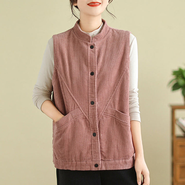 Buddha Stones Plain Sleeveless Women's Cotton Vest Corduroy Waistcoat With Pockets - image 10