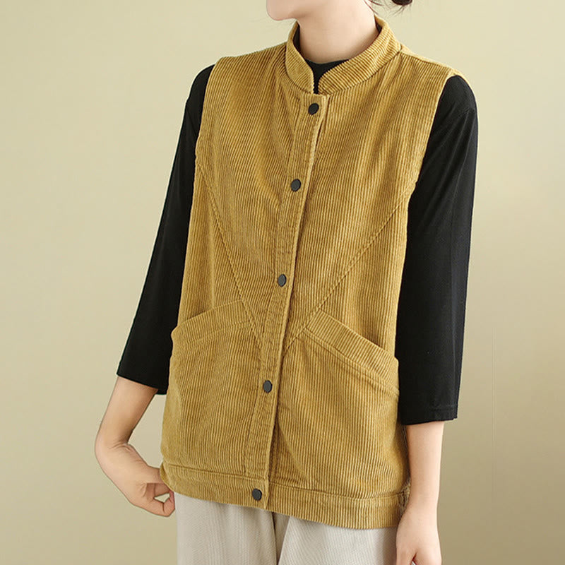 Buddha Stones Plain Sleeveless Women's Cotton Vest Corduroy Waistcoat With Pockets - image 17