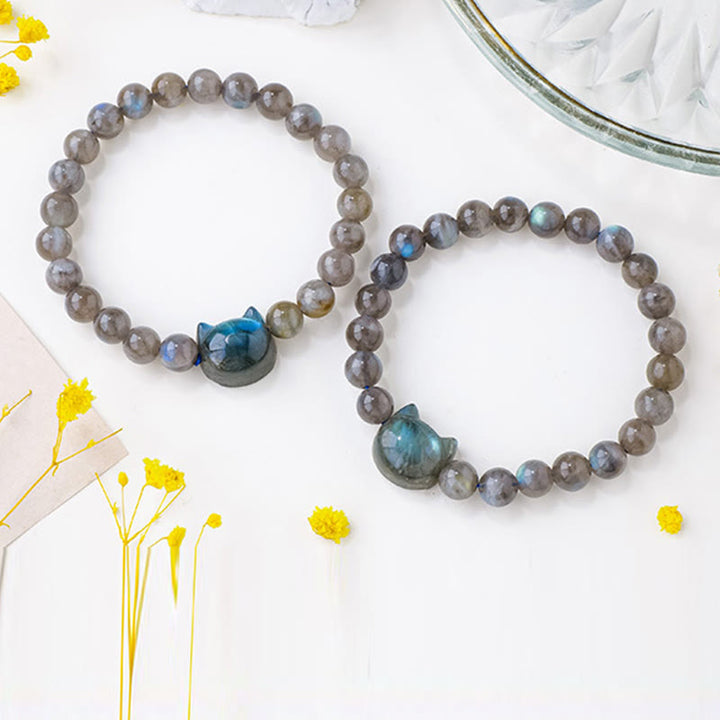 Buddha Stones Natural Labradorite Cute Cat Head Healing Change Bracelet - image 4