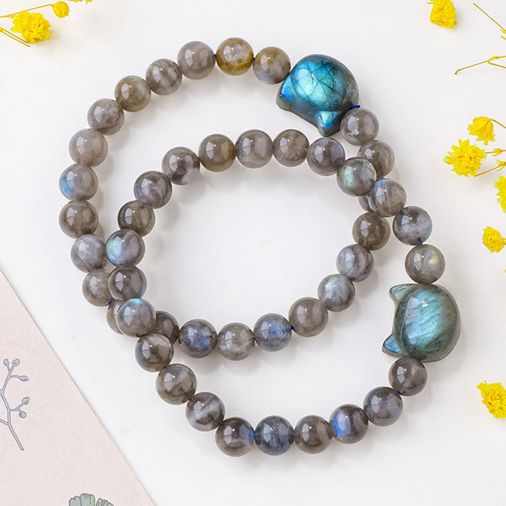 Buddha Stones Natural Labradorite Cute Cat Head Healing Change Bracelet - image 7