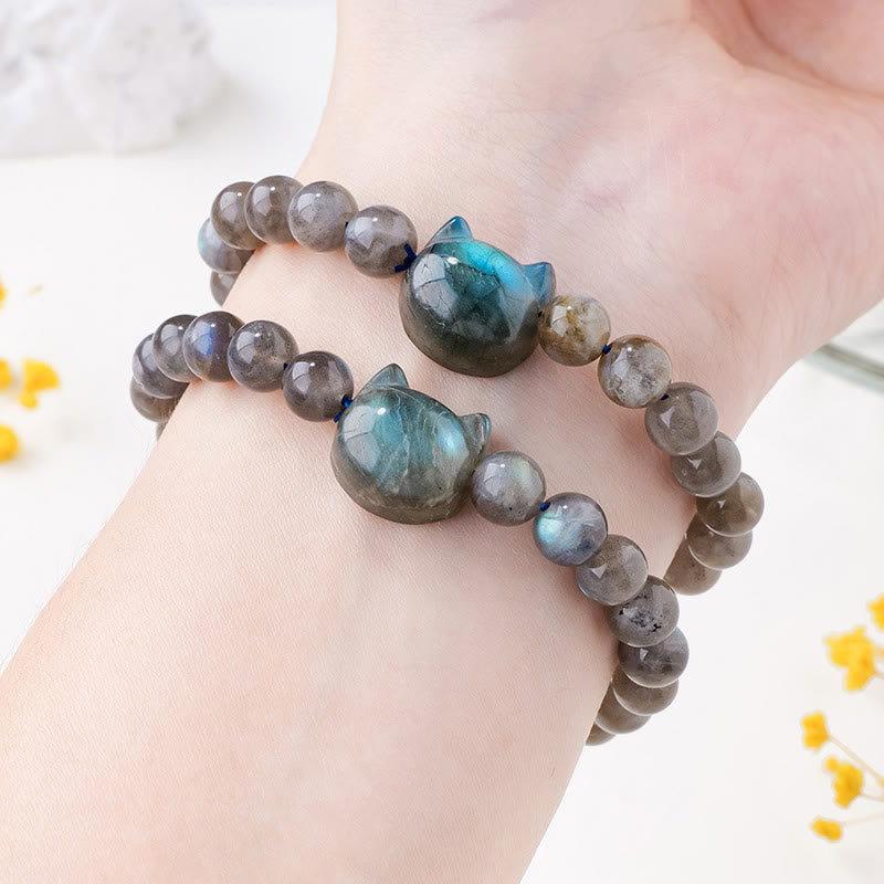 Buddha Stones Natural Labradorite Cute Cat Head Healing Change Bracelet - image 5