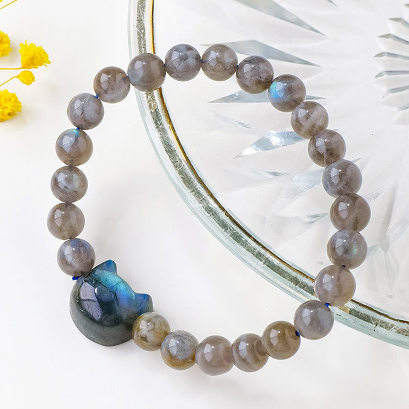 Buddha Stones Natural Labradorite Cute Cat Head Healing Change Bracelet - image 3