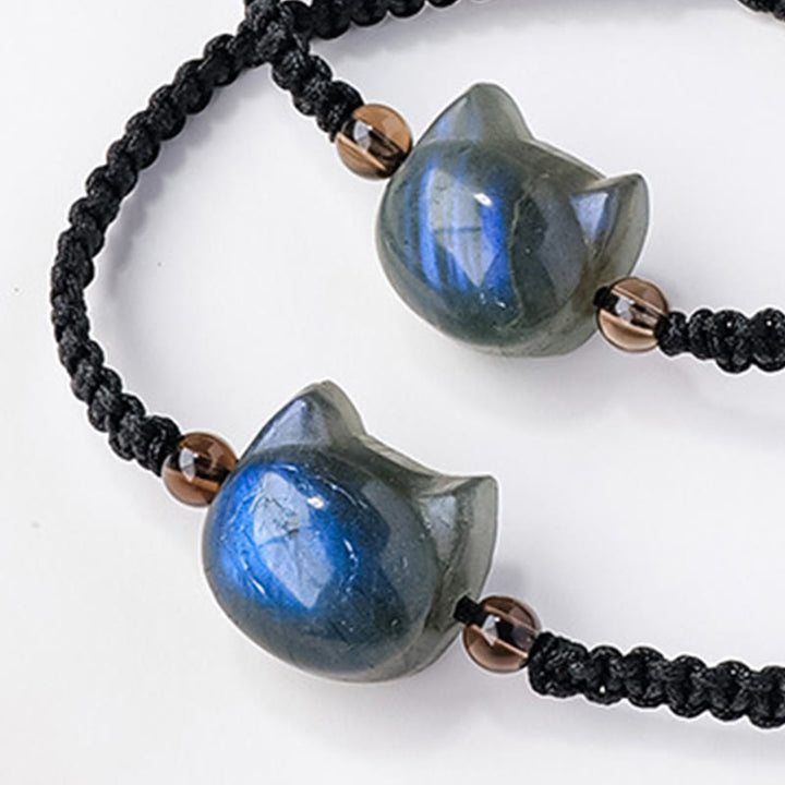 Buddha Stones Natural Labradorite Cute Cat Head Black Rope Healing Bracelet - image 5