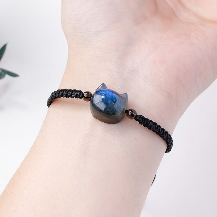 Buddha Stones Natural Labradorite Cute Cat Head Black Rope Healing Bracelet - image 4