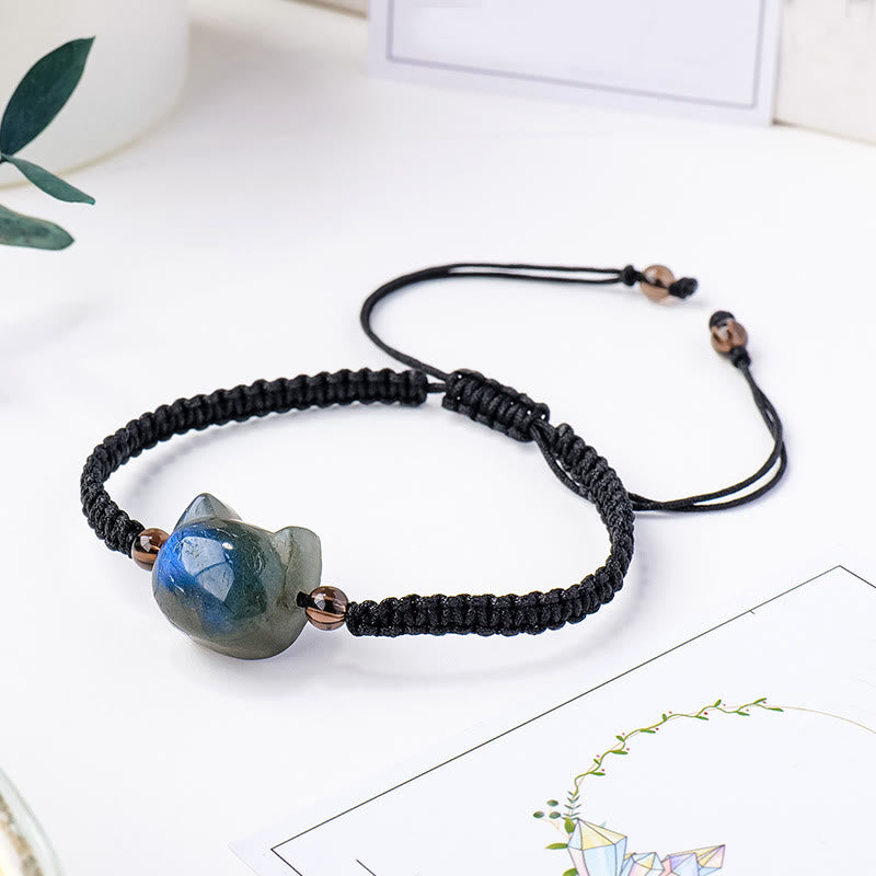 Buddha Stones Natural Labradorite Cute Cat Head Black Rope Healing Bracelet - Labradorite(Wrist Circumference: 15-21cm) - image 1