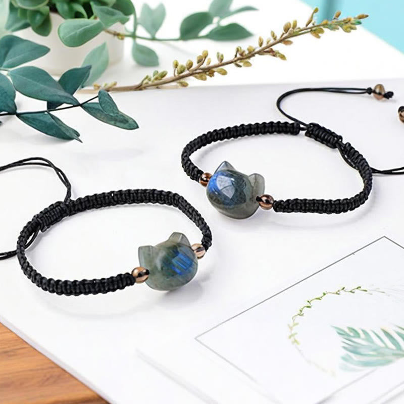 Buddha Stones Natural Labradorite Cute Cat Head Black Rope Healing Bracelet - image 2