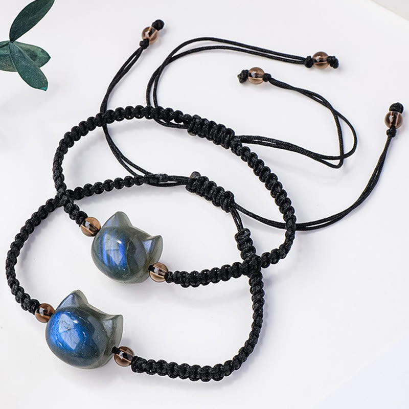 Buddha Stones Natural Labradorite Cute Cat Head Black Rope Healing Bracelet - image 3