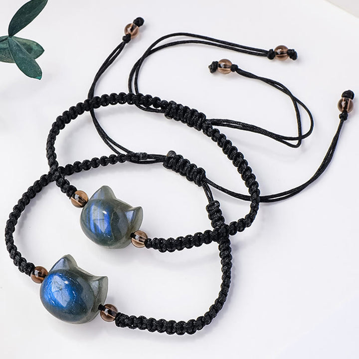 Buddha Stones Natural Labradorite Cute Cat Head Black Rope Healing Bracelet - image 3
