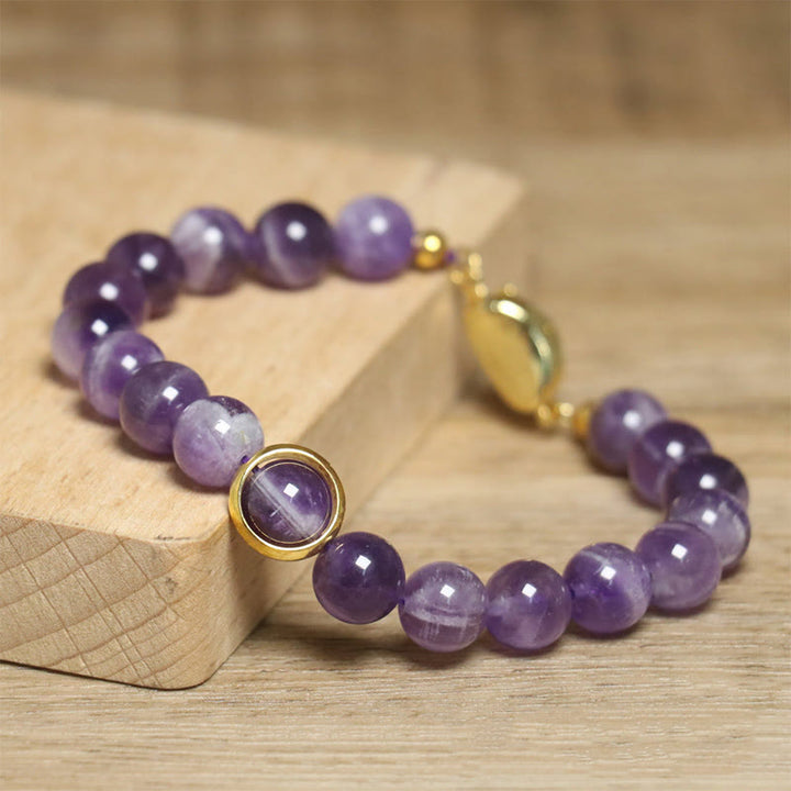 Buddha Stones Natural Amethyst Beads Balance Relieves Stress Buckle Bracelet - image 3