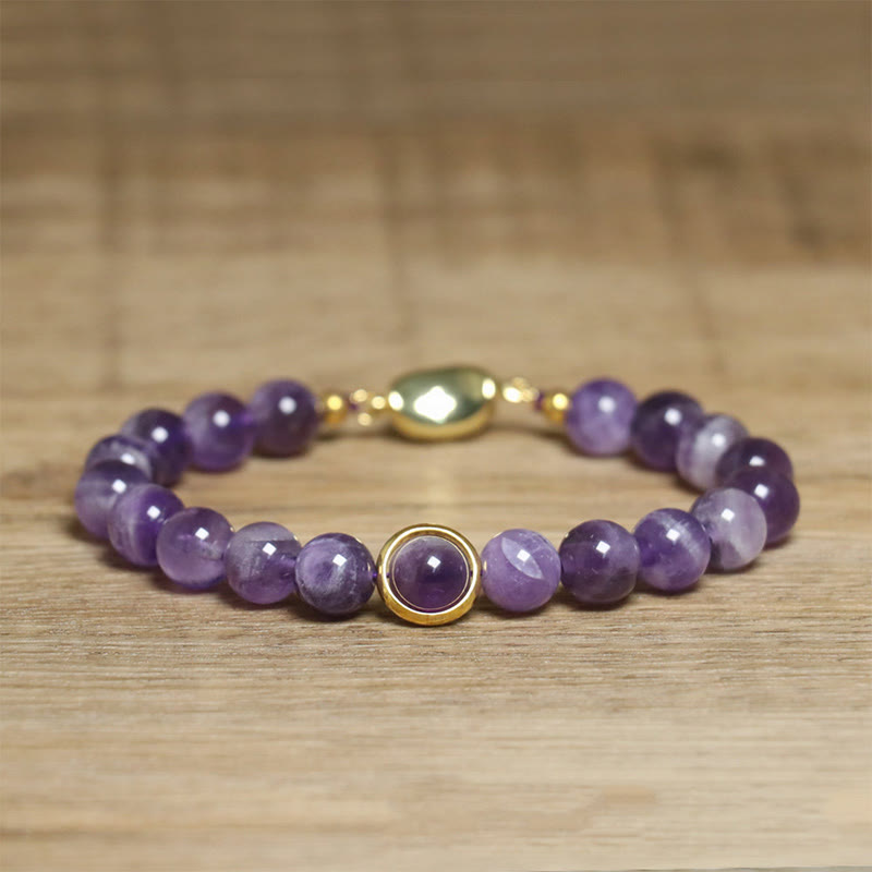 Buddha Stones Natural Amethyst Beads Balance Relieves Stress Buckle Bracelet - Amethyst & Golden Buckle(Wrist Circumference: 14-16cm) - image 1