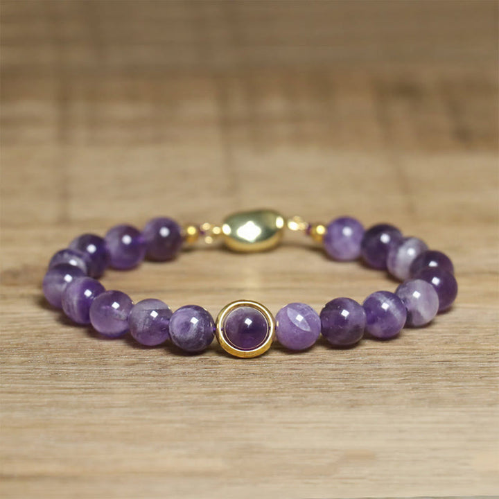 Buddha Stones Natural Amethyst Beads Balance Relieves Stress Buckle Bracelet - Amethyst & Golden Buckle(Wrist Circumference: 14-16cm) - image 1