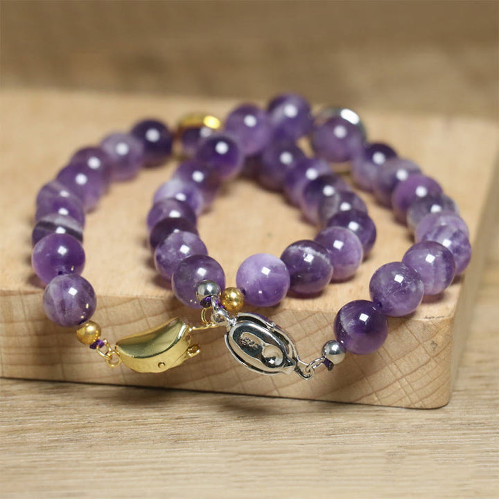 Buddha Stones Natural Amethyst Beads Balance Relieves Stress Buckle Bracelet - image 12